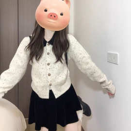 春秋新款小香风毛衣外套女斑点撞色短款针织开衫别致短上衣
