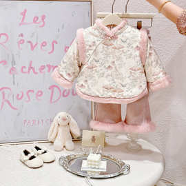 女童套装冬装洋气儿童衣服加绒女宝宝周岁礼服年汉服两件套78217