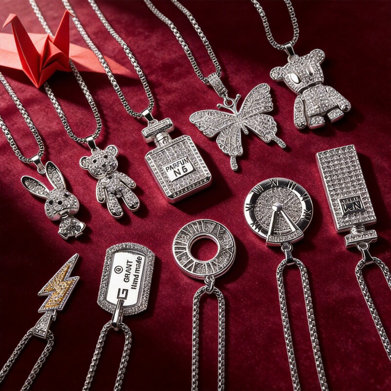 Cross-border Stainless Steel Necklace Women's Trendy New Cute Diamond Necklace Pendant Men's Trendy Hip-hop Pendant Long Woolen Chain