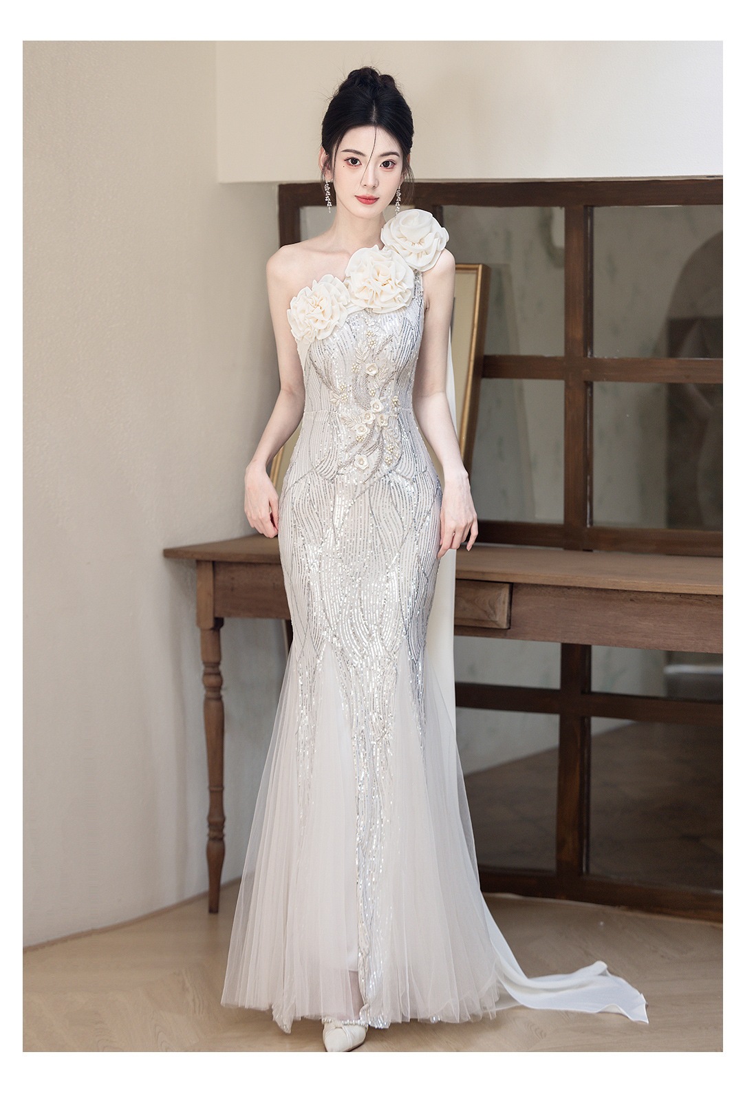 Luxury Mermaid Tail Evening Gown One Shoulder Niche Banquet Host Art Exam Temperament Singer Conductor Runway Show Costume Women's Wedding Party Wear_ecoleips.com