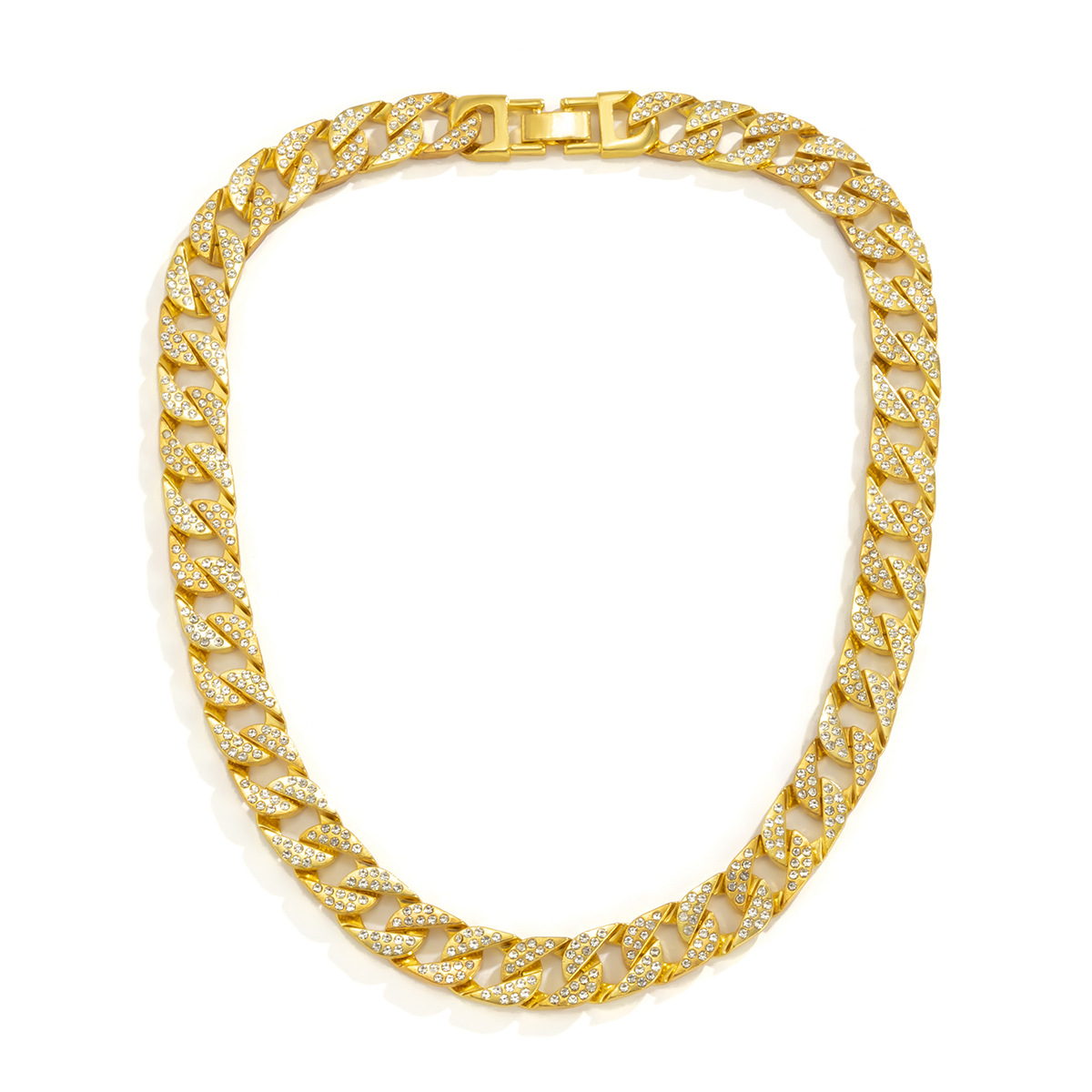 Bijoux Hip-hop pour femmes, chaîne cubaine entièrement en diamant avec boucle à pression en strass ajourée, collier de clavicule_voghion.com