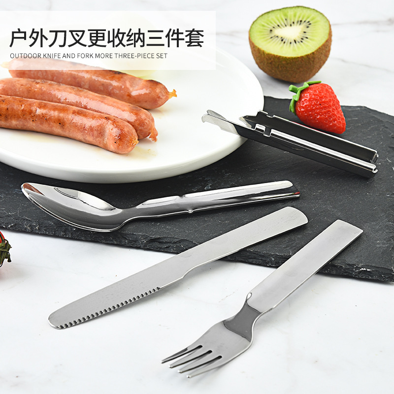 Cross-border outdoor multi-purpose portable tableware knife, fork and spoon four-in-one set camping stainless steel travel steak knife