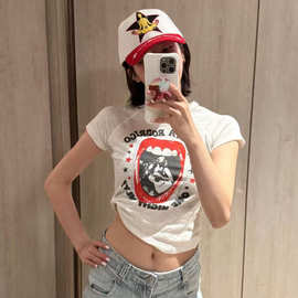 现货小海鸥美式复古白色字母印花短袖T恤女夏季正肩修身辣妹上衣