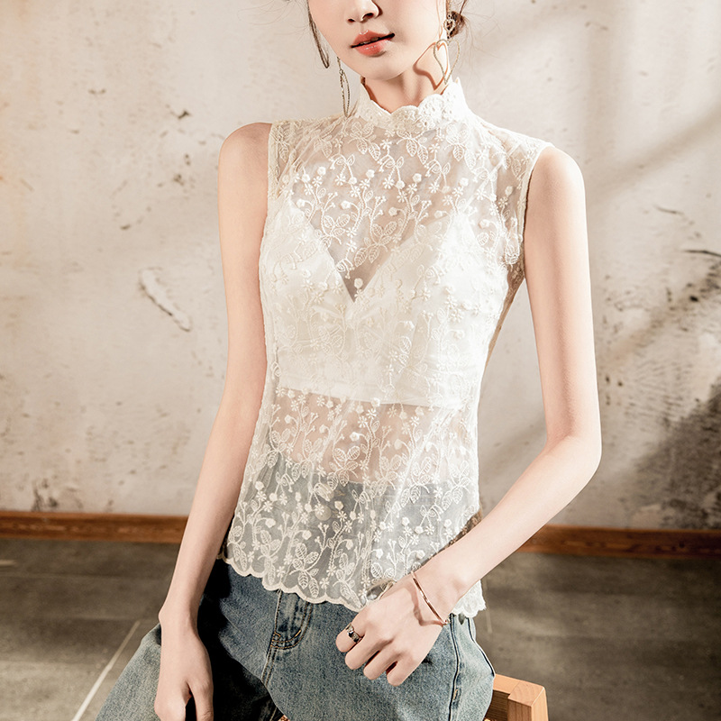 Women's Sleeveless 2025 Spring and Summer Mesh See-through Sexy Women's Top with Vertical Collar Floral Embroidery Loose Shirt