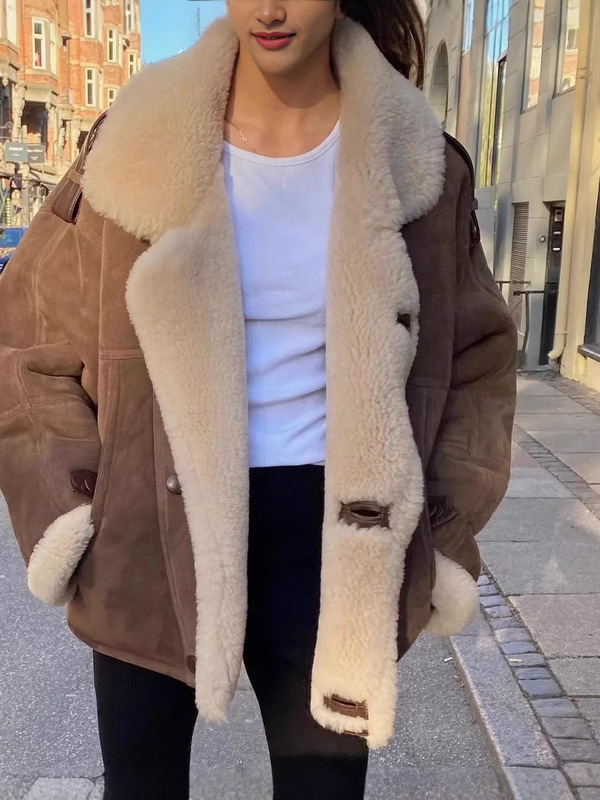 跨境欧美女装秋冬加绒加厚保暖舒适翻领毛领羊羔绒慵懒时尚外套|undefined