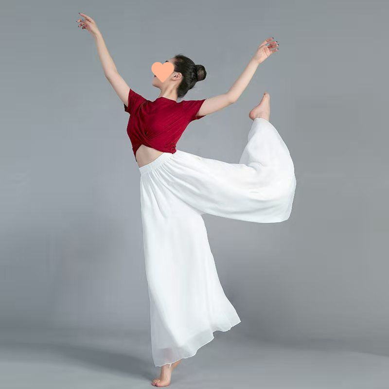 Elegant White Chiffon Wide-Leg Pants Modern Dance Practice Pants Loose Classical Dance Pants Chinese Style Dancewear Yoga Pants
