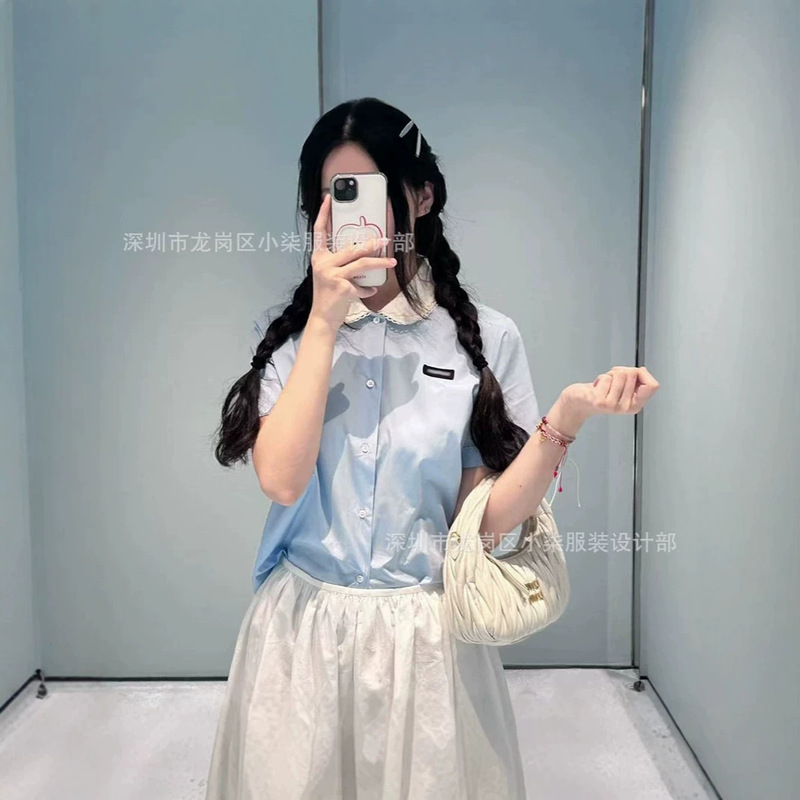 Nanyou In-Stock M!U New Style Shirt with Lace Collar, Color-Blocking Doll Collar Shirt, French Academy Style Short-Sleeve Women's Top