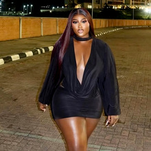 J25ST319 欧美女装秋季新款纯色休闲深V领荡领长袖迷你超短裙套装