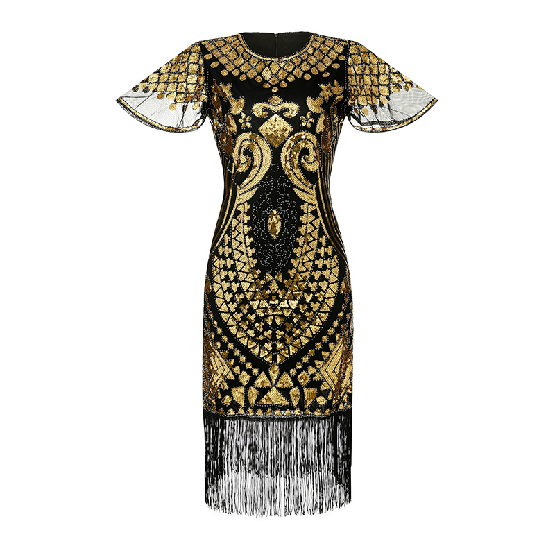 Fiesta transfronteriza de los años 20 Gatsby con cuentas vestido de malla vintage manga corta borla de lentejuelas vestido de bola