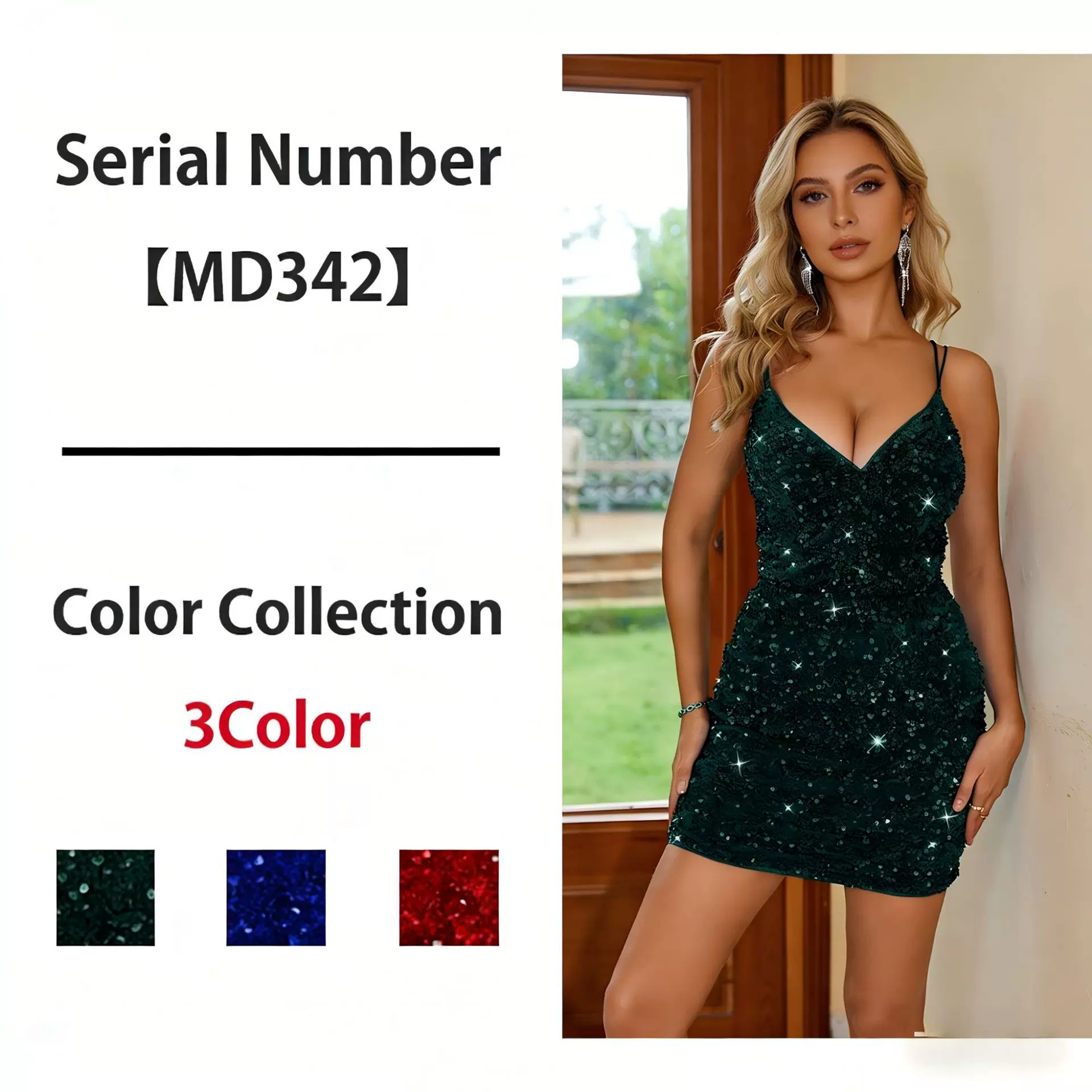 欧美亚马逊速卖通独立站爆款外贸女装V领露背性感修身亮片连衣裙