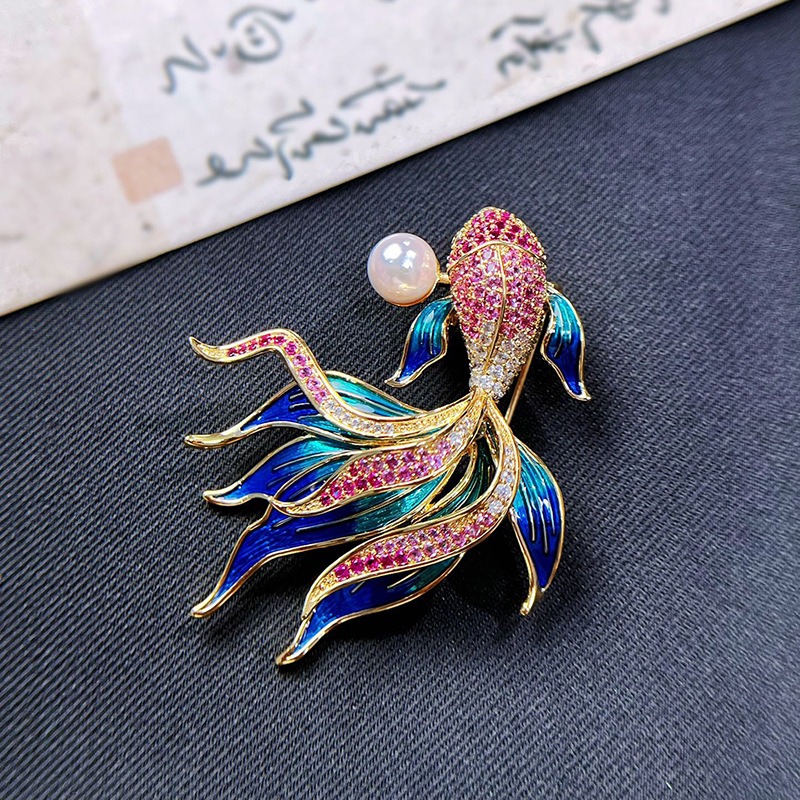 DIY accessories Chinese style koi goldfish brooch enamel copper gold-plated zircon pin pearl corsage empty holder