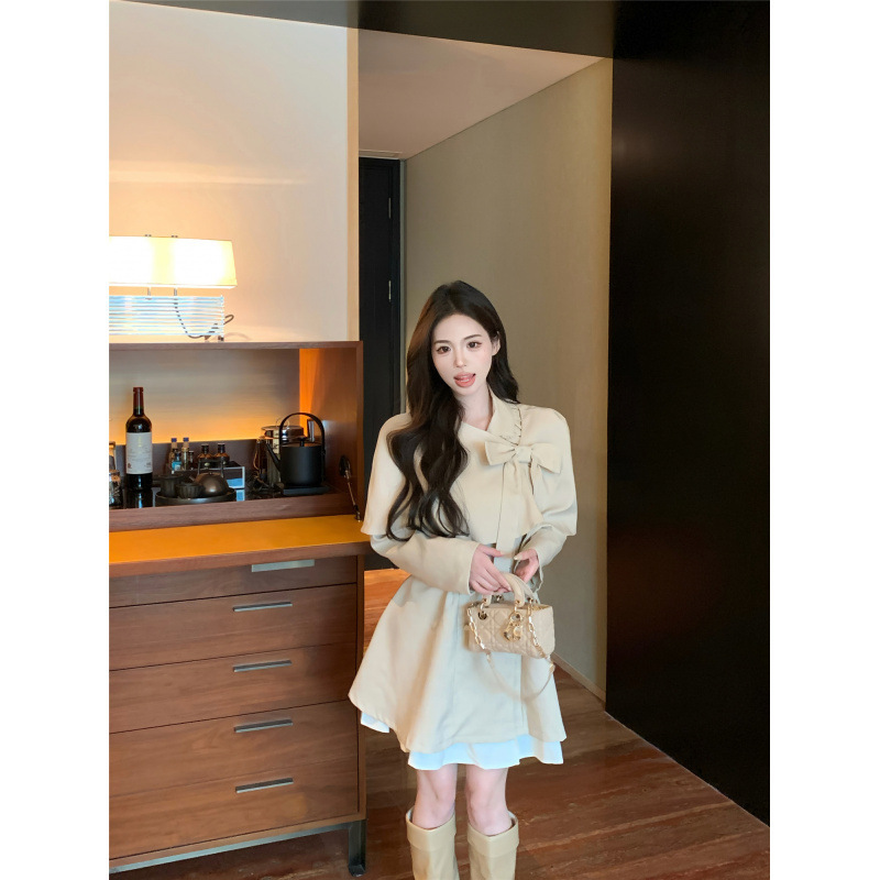 New autumn style sweet and spicy petite elegant trench coat and suit dress two-piece cape set for women