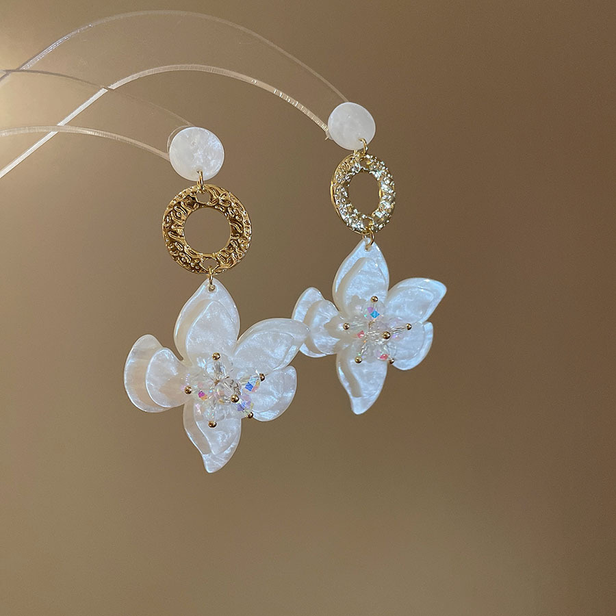 Pendientes de borla de flor de vidrio de resina de aguja de plata Pendientes de lujo ligero y dulce de alta gama Pendientes de nicho de moda mujer