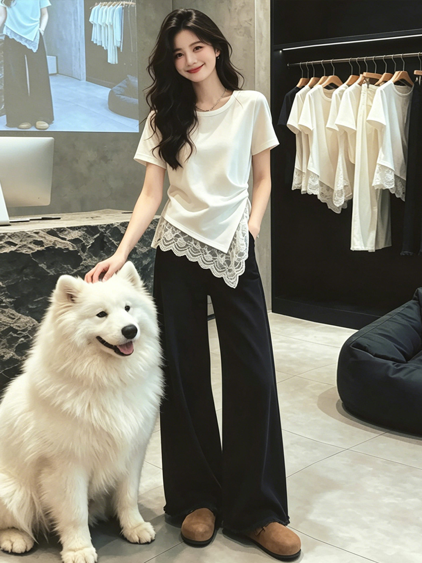 Áo thun nữ tay ngắn cổ tròn phối ren viền gấu bất đối xứng — màu đen