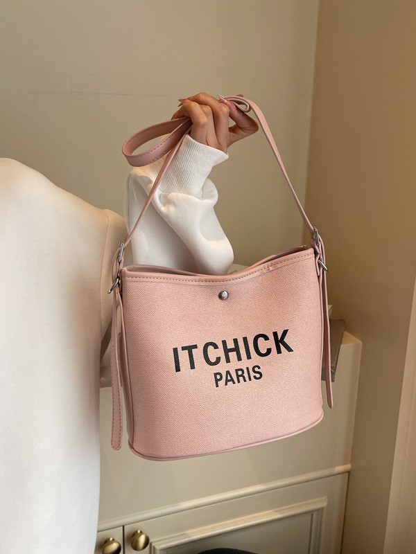 Transfronterizos de gran capacidad bolso de cubo portátil de tela de mujer impresión de letras de moda alta textura versátil mochila