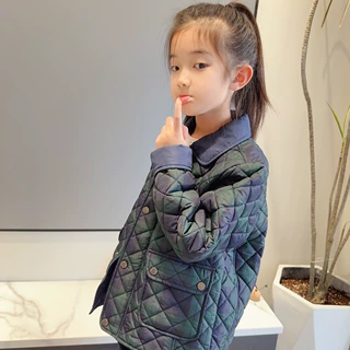 2026秋冬新款童装儿童绿色格子翻领薄棉服男女童中性夹棉棉衣外套