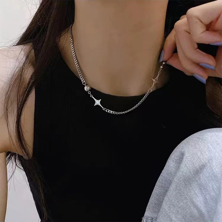 Collier ras-de-cou coréen simple et élégant, style tendance, en acier titane avec chaîne à maillons en forme d'étoile, inaltérable._voghion.com