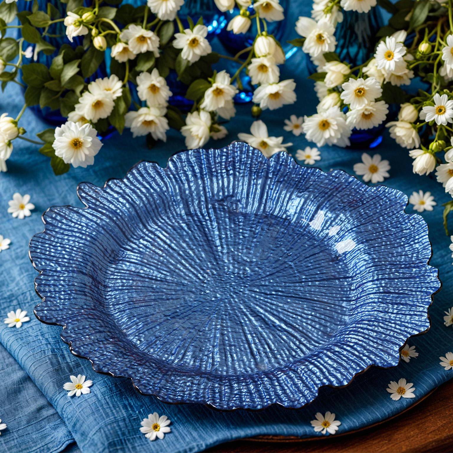 Nuevo diseño de decoración de mesa de boda plástico transparente cargador de borde irregular placa de melamina transparente redonda