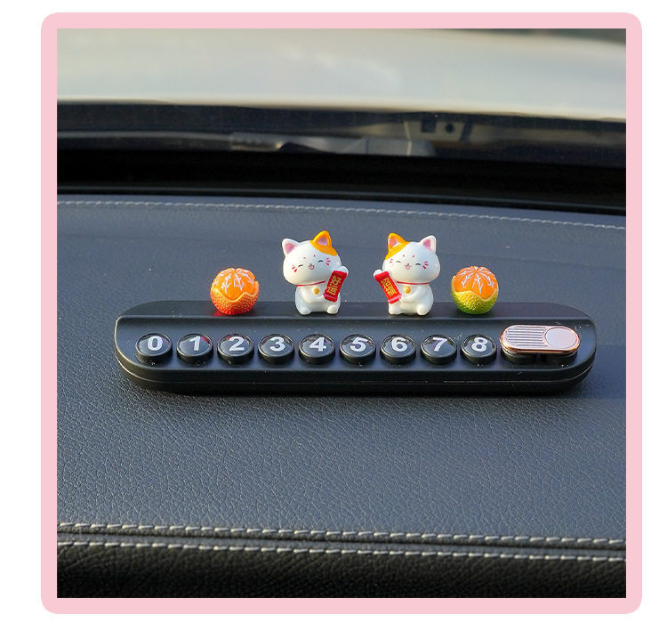 Lucky Cat Car Temporary Parking Sign for Girls, Mobile Phone Number Plate for Car, Decorative Ornament