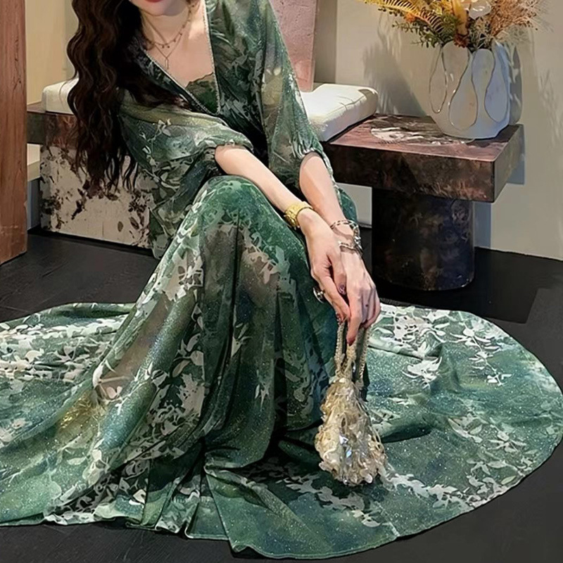 In Stock【Zhu Xi】Highly Dyed Printed Lace Embroidered Dress Retro Tie-Dye Printed Long Dress