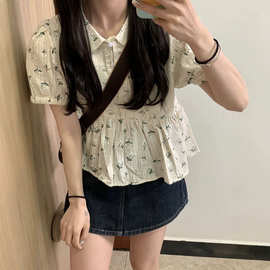 【有内里】碎花泡泡袖娃娃领短袖上衣女夏季独特别致小衫短款衬衫