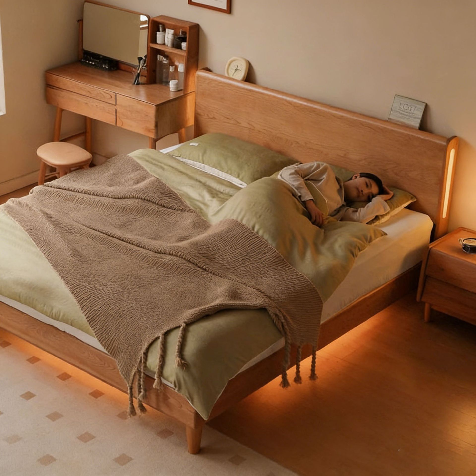 Solid Wood Box Bed Storage Bed Bedroom Cherry Wood Luminous Suspension Bed Log Wind 1.5 Floor-Standing Double Bed