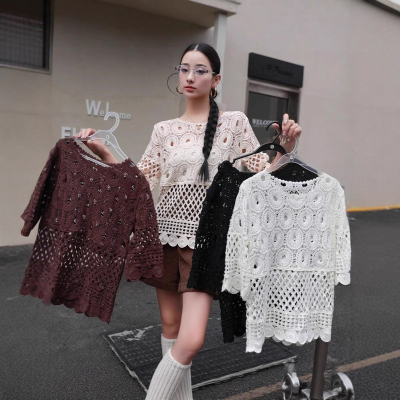 European-Style Crochet Hollow Lace Top with Summer New Chinese-Style Women's Belly-Covering Sun Protection Blouse