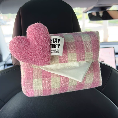 Tissue Holder, Car Sun Visor – Car tissue box/set - pink-love-plaid-tissue-box-pink