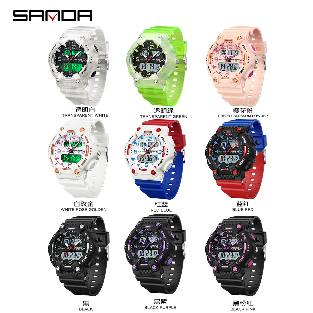 SANDA reloj juvenil de moda color contraste doble pantalla reloj multifuncional para hombres y mujeres estudiantes reloj electrónico de luz nocturna