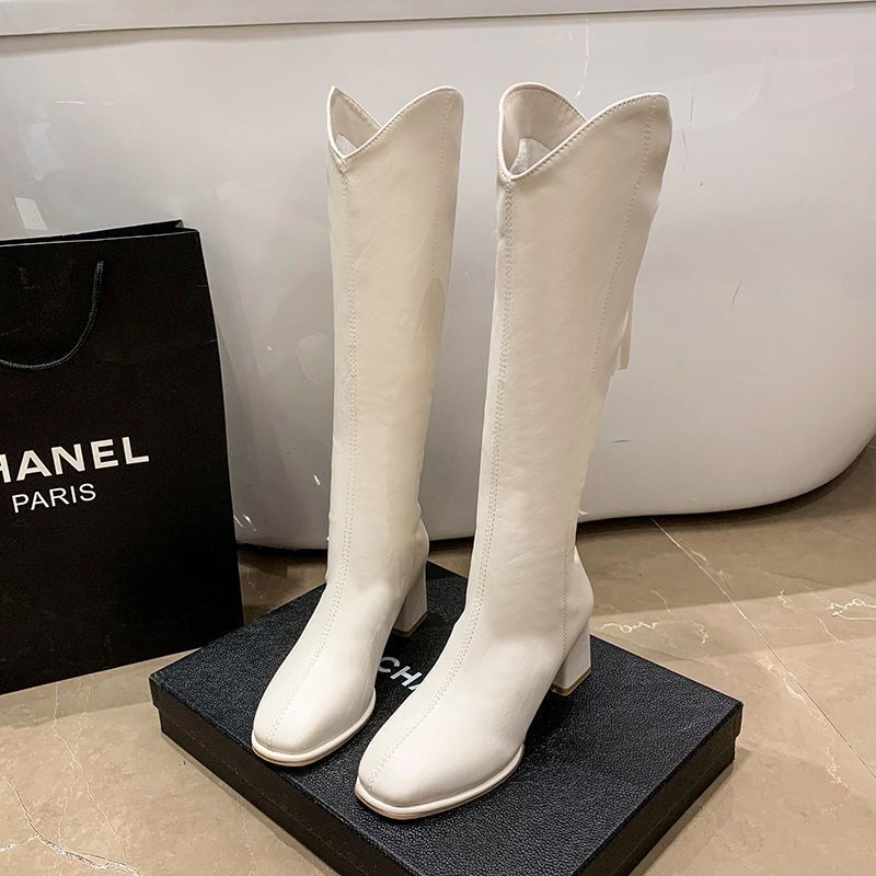 New Winter Knee-High Boots, White Over-The-Knee Long Boots for Women, Slimming for Petite Figures, Chunky High-Heeled Riding Boots