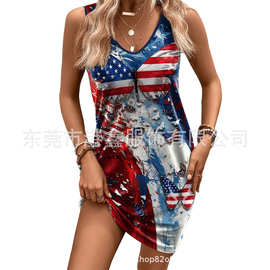 跨境亚马逊背心裙欧美休闲连衣裙独立日系列扎染拼接印花裙女