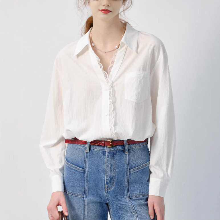 Vega Chang White Shirt Women's Long-Sleeved 2026 Spring New Style European Style Lace Loose Top
