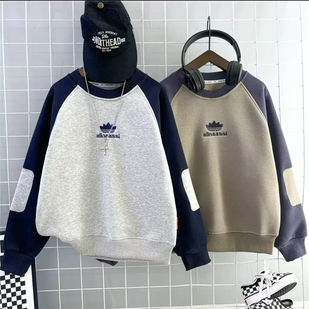 预售潮牌圆领卫衣男拼接套头美式休闲2025秋冬新款宽松休闲上衣男