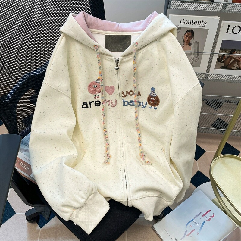 Japanese Style Cute Color Dot Embroidered Hooded Cardigan Sweatshirt Women's Autumn New Style Small Style Age-reducing Top Coat