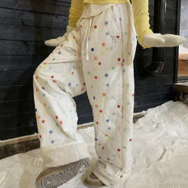 韩系秋冬款彩色波点拼接羊羔毛棉裤男女冬季宽松夹棉防寒长裤