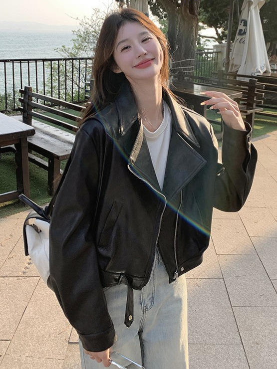 港风复古黑色酷炫皮衣机车服外套女秋冬新款小个子气质皮夹克上衣|undefined