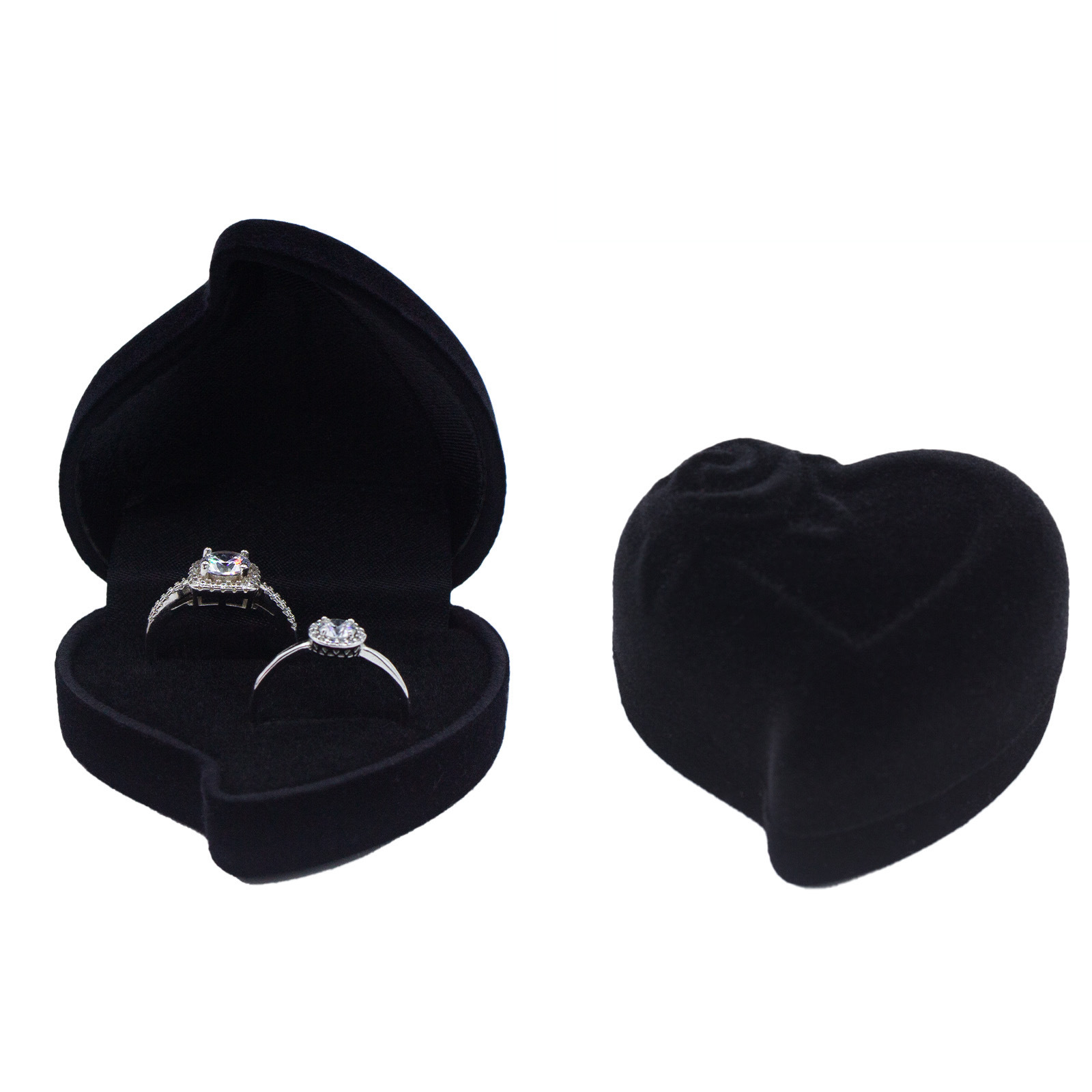 Caja para anillos con forma de corazón, diseño floral inclinado, color melocotón, con exterior y interior negro para dos anillos; 60*60*40mm