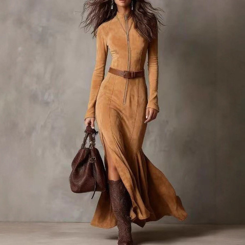 High-quality new products Autumn European and American fashion new style elegant temperament zipper stand-collar dress