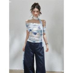 蓝色晕染印花两穿斜肩一字肩短袖恤女款修身带弹力上衣