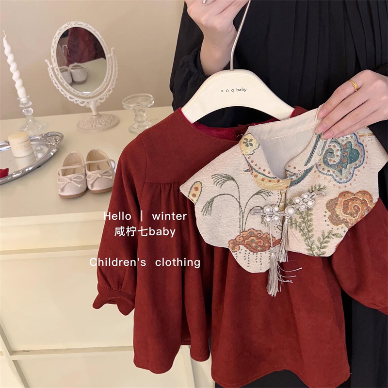 Niñas invierno bordado vestido de hombro nublado vestido de Año Nuevo vestido rojo vestido de Año Nuevo chino vestido de princesa infantil