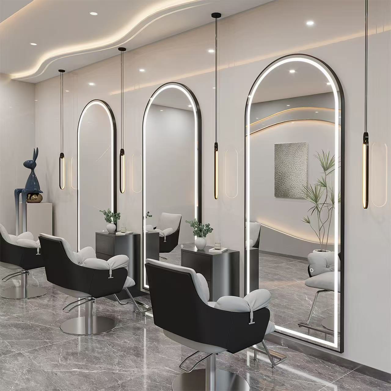 Espejo de peluquería en línea salón de peluquería espejo especial de peluquería unilateral colgado de pared pantalla táctil con lámpara de mesa de espejo de peluquería