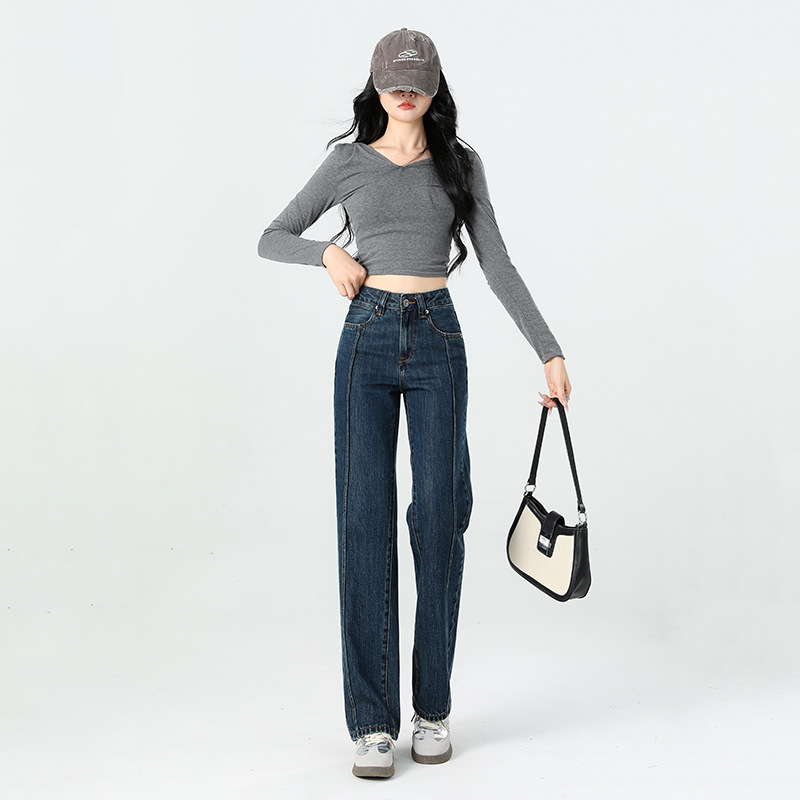 广州厂家2026新款直筒裤中腰蓝色牛仔裤女春季宽松复古长裤批发