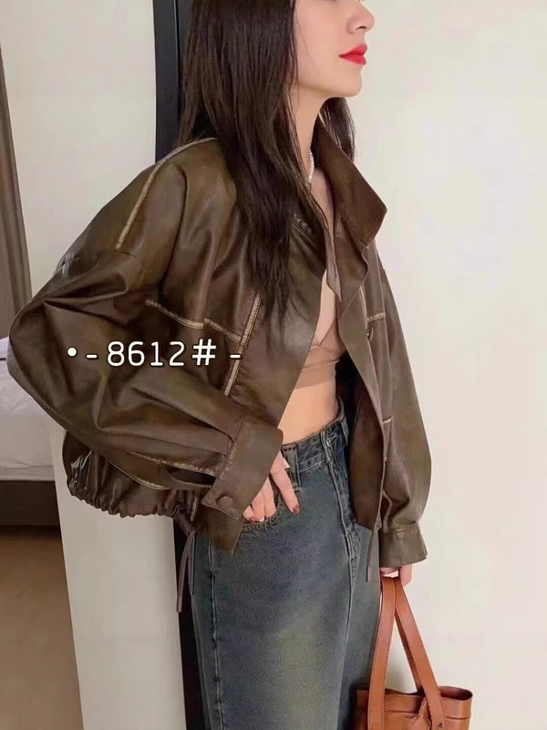 爆款2025春秋新款港风复古PU衣外套女设计感下摆抽绳通勤皮衣夹克|undefined