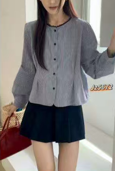 琪镌绘制时尚上衣秋季新款花边领圆领衬衣女装小清新长袖格子衬衫|undefined