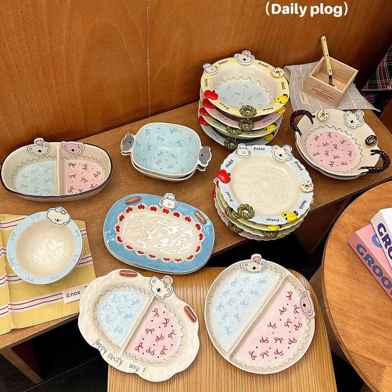 Cute and sweet ceramic tableware for home use, high aesthetic appeal, girlish cartoon design plates, dessert plates, breakfast plates, divided plates