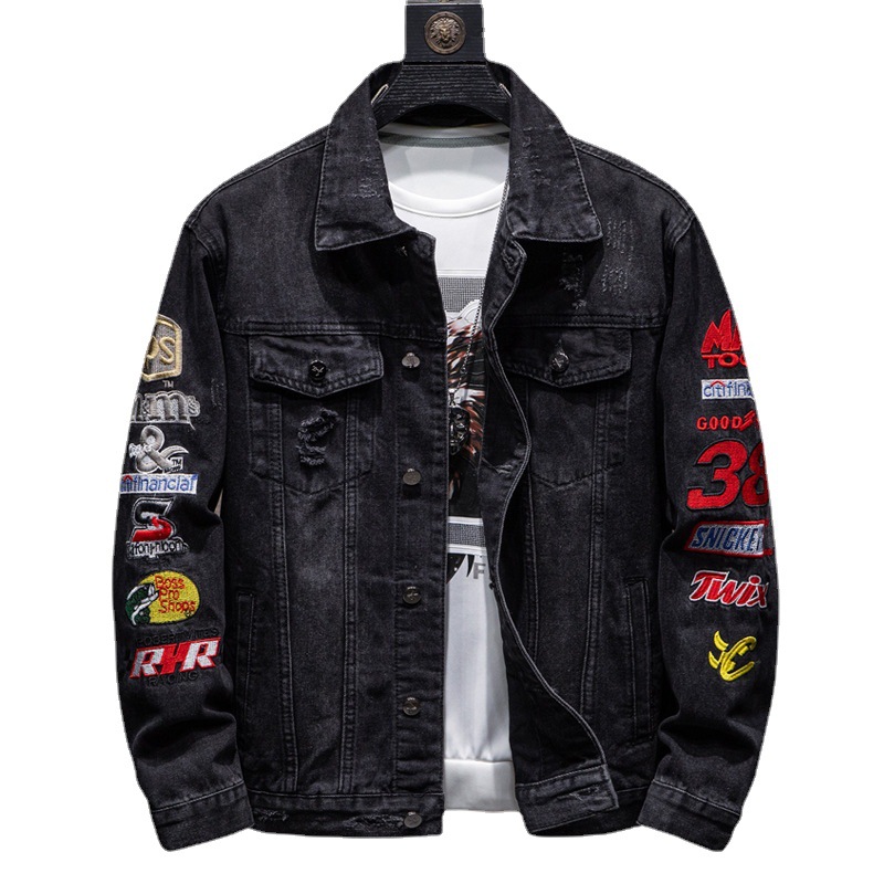 Moda marca ripped bordado abrigo de primavera y otoño de los hombres chaqueta de mezclilla suelta de moda chaqueta de la juventud casual de manga larga mapache