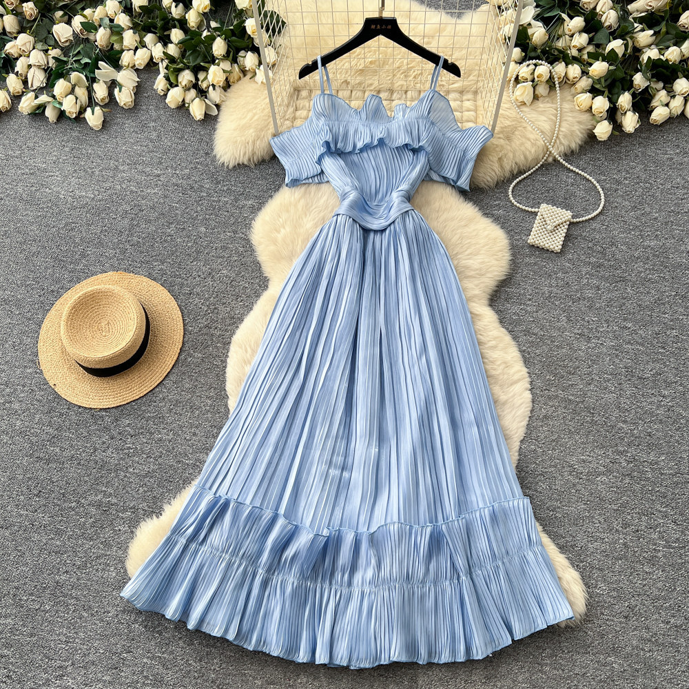 French Style Off-Shoulder Spaghetti Strap Dress Korean Waist Cinching Summer Elegant Long Dress for Vacation_ecoleips.com