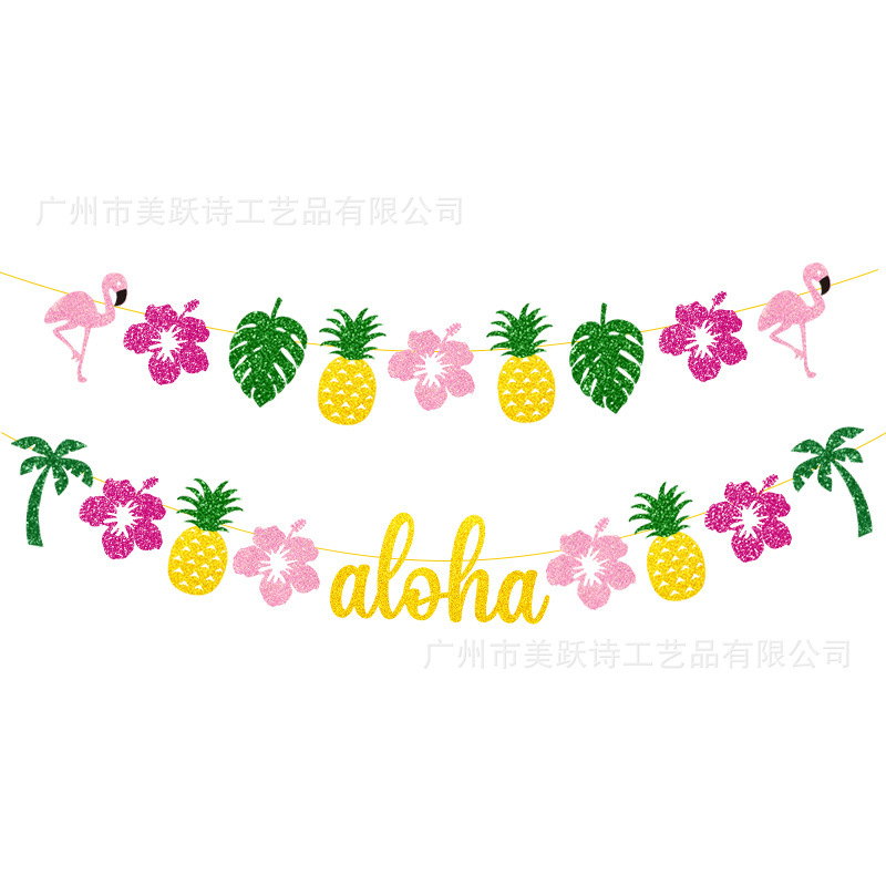Decoración de fiesta de cumpleaños hawaiana transfronteriza bandera de dibujo decoración de cumpleaños de verano props banderas flamencos