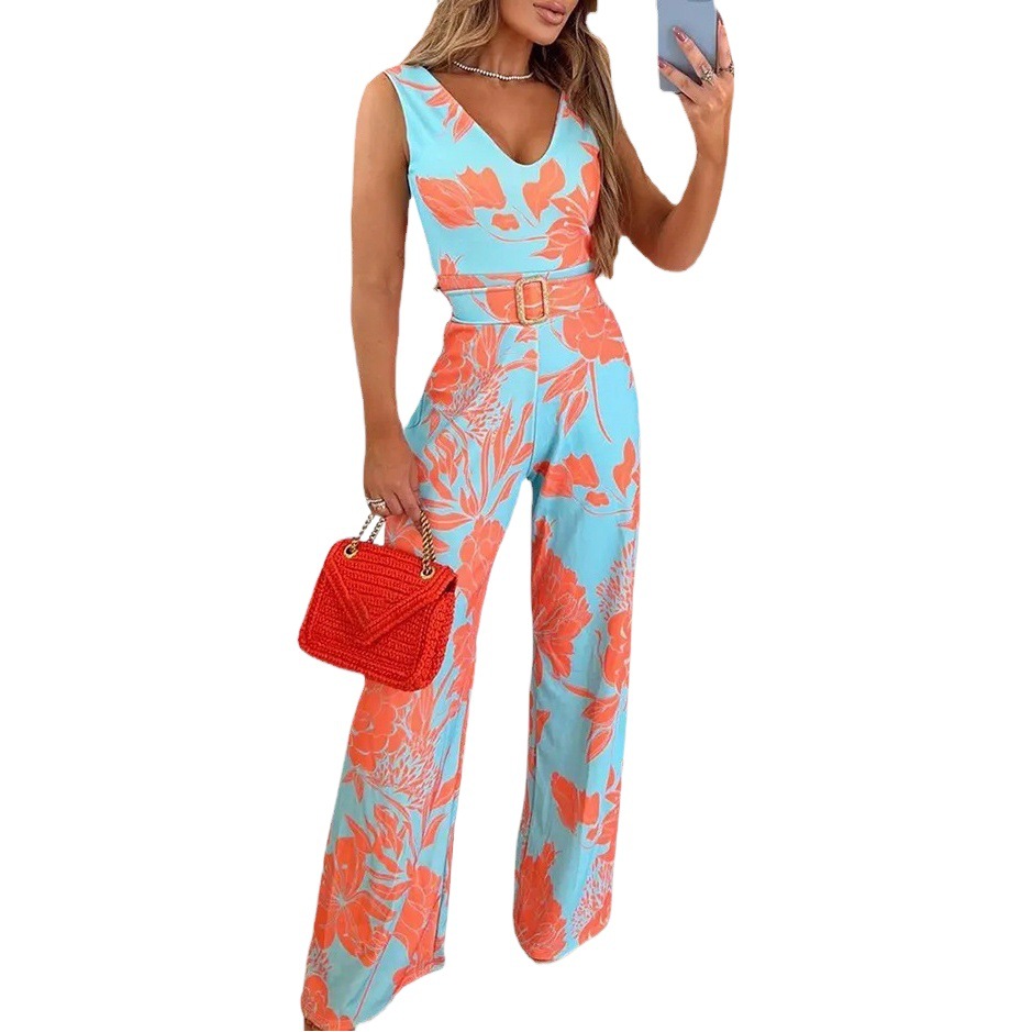 Amazon transfronteriza estilo europeo y americano nuevo verano de las mujeres impresas con cuello en V sin mangas SLIM-Fit sexy jumpsuit Pants