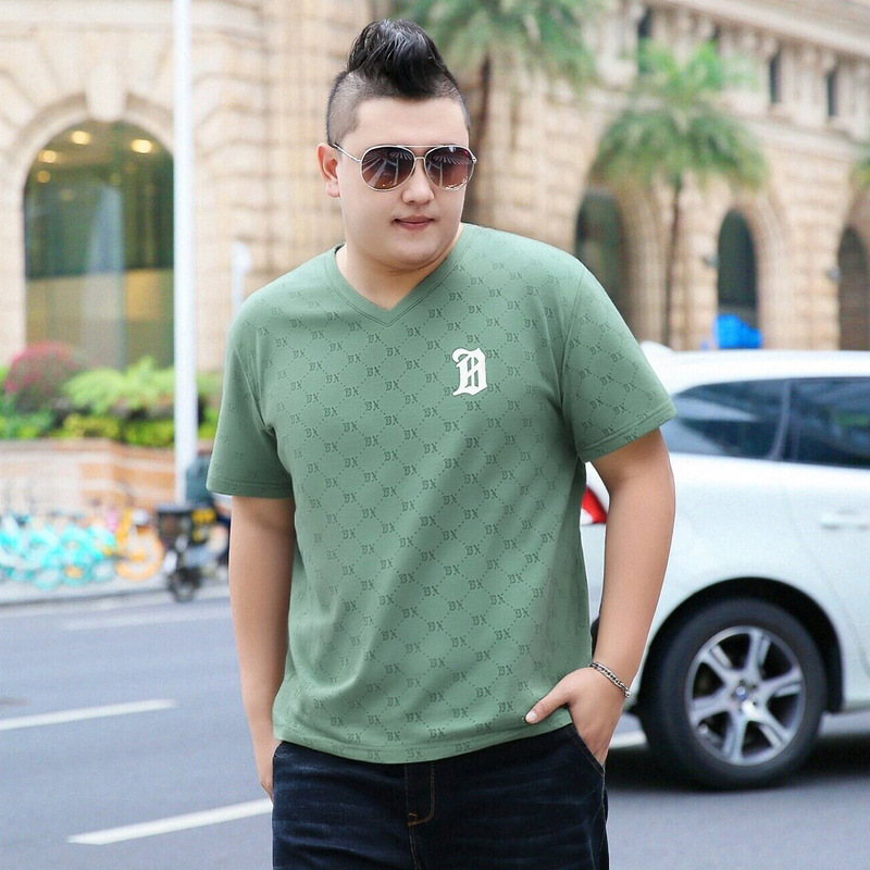 Summer New Style V-Neck Printed Ice Silk Short-Sleeve T-Shirt for Men, Plus Size, Oversized Trendy Top
